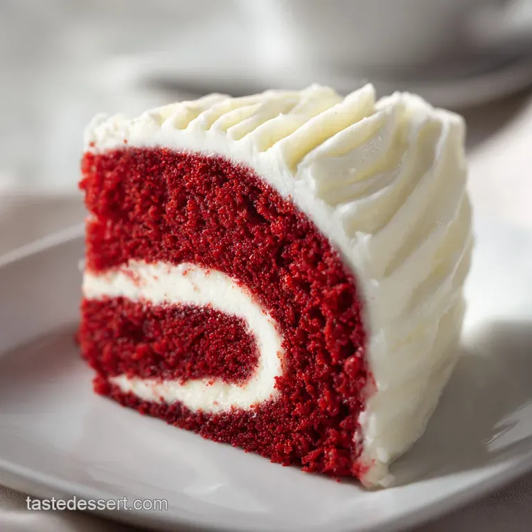 A slice of deep crimson cake spiral on a white ceramic plate, accented with a fresh raspberry and mint leaf.