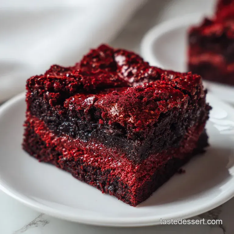 A single ruby-red velvet brownie slice topped with cream cheese frosting and a drizzle of chocolate.