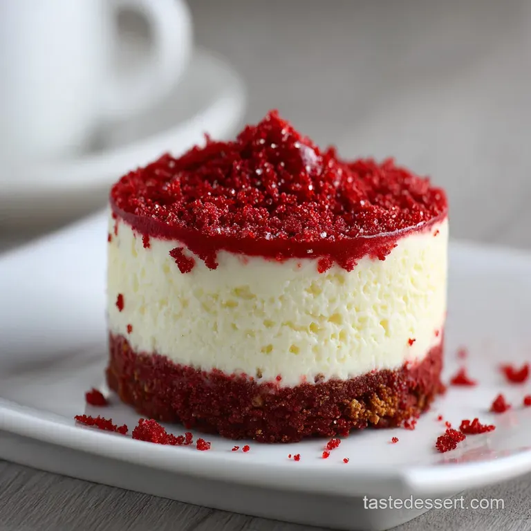 Slice of rich red velvet cheesecake on a white plate, drizzled with chocolate sauce, and garnished with fresh raspberries.