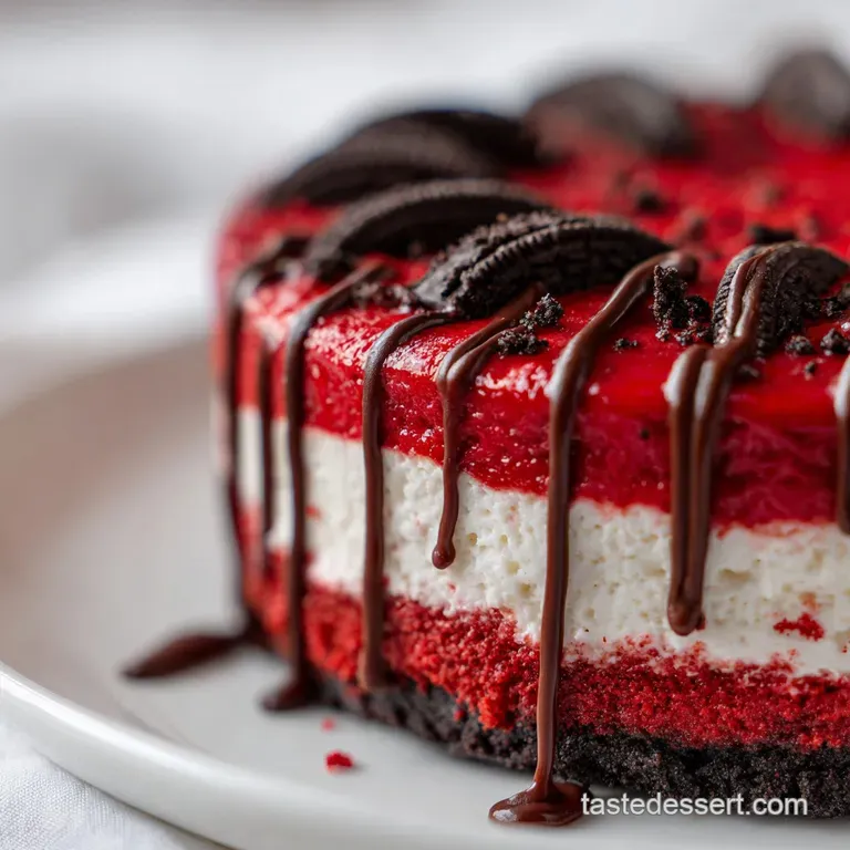 Slice of red velvet Oreo cheesecake on a plate. Swirls of cream cheese filling and generous drizzle create a delectable de...