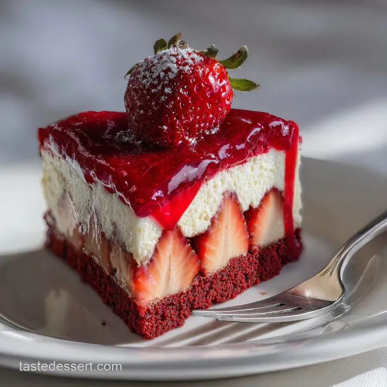 Slice of red velvet cheesecake on a white plate, adorned with a juicy strawberry and a dusting of powdered sugar. Elegant ...