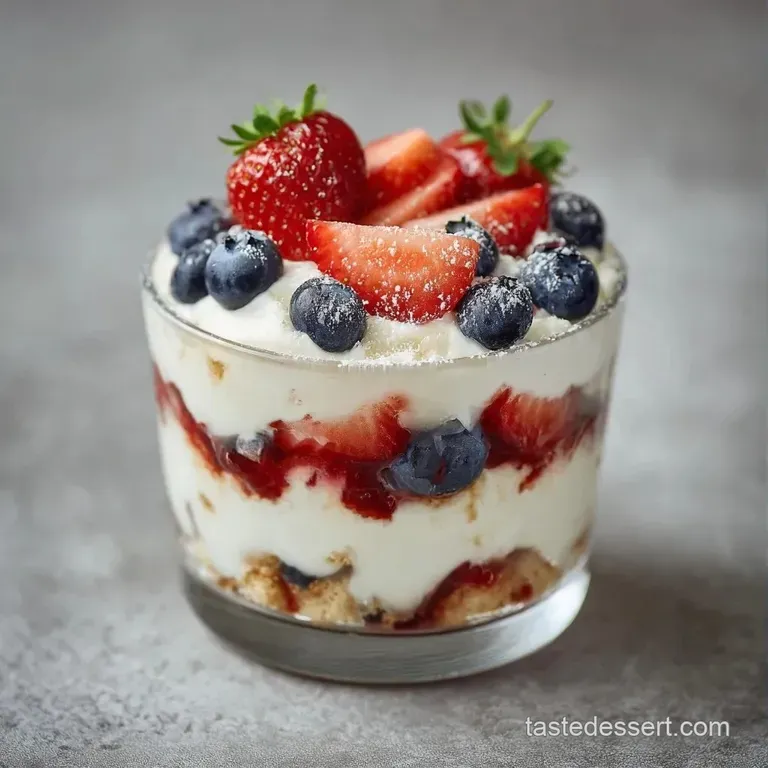 Glass parfait jars showcasing vibrant layers of whipped cream, deep blue berries, and sliced red strawberries.