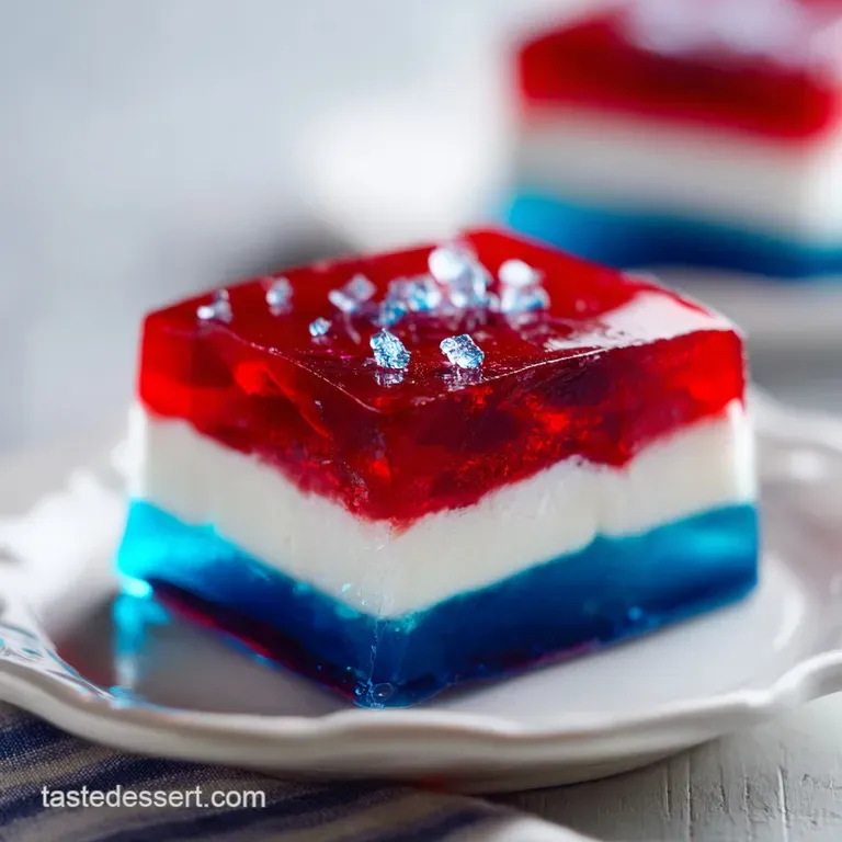 A slice of patriotic dessert with distinct creamy white and bright gelatin layers, artfully served.