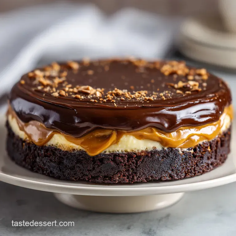 A thick slice reveals layers of moist chocolate cake and creamy peanut butter filling, drizzled with warm chocolate sauce ...