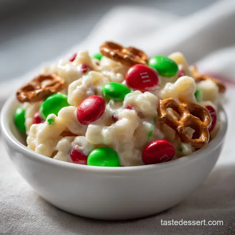Colorful holiday mix served in a glass bowl with bright red and green candies and glossy white chocolate swirls.