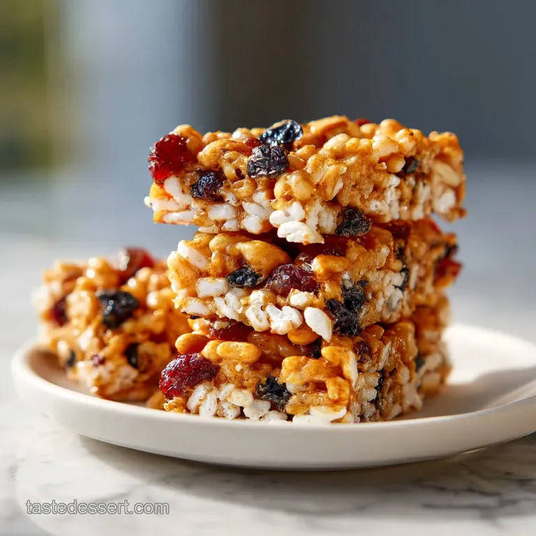 Stacked Rice Krispies bars, showcasing the gooey marshmallow binding and vibrant mix-ins. An irresistible, colorful dessert.