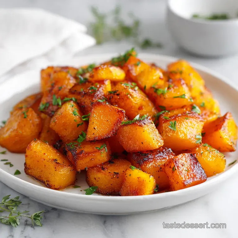 Butternut squash elegantly arranged on a white plate, herbs sprinkled over, steam rising with a glossy, sweet glaze.
