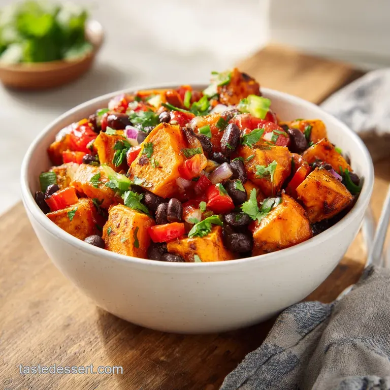 Plated sweet potato and black bean mixture with a dollop of creamy avocado crema and a sprinkle of toasted seeds.