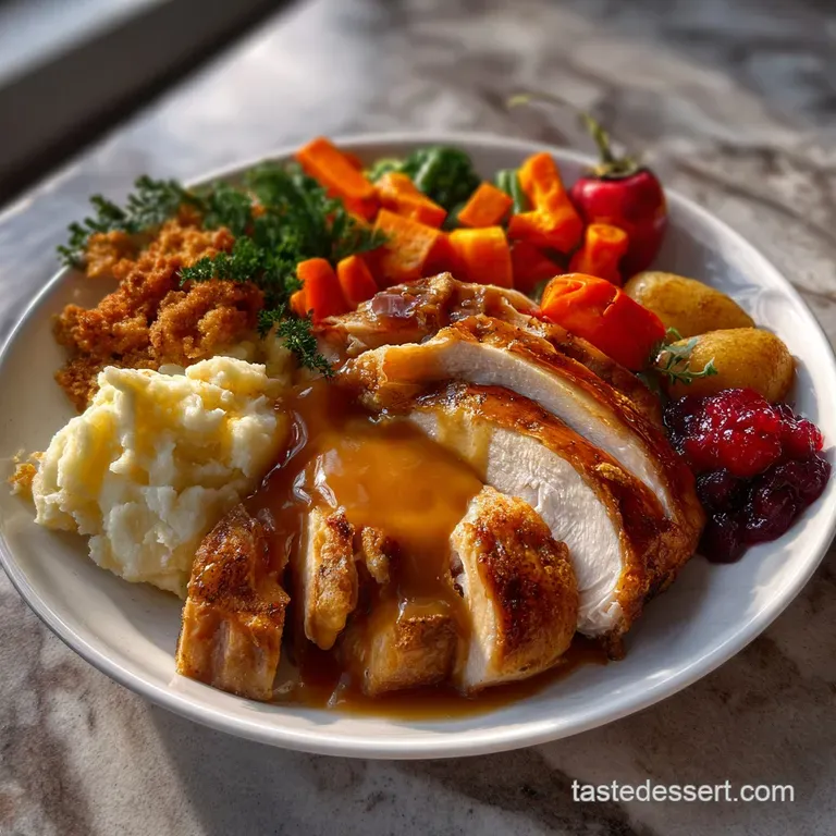 Elegant plated Thanksgiving dinner: sliced turkey breast with rich gravy, alongside a medley of roasted root vegetables, a...