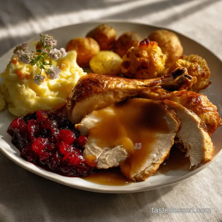 Thanksgiving Dinner Plate with Roasted Turkey and Gravy