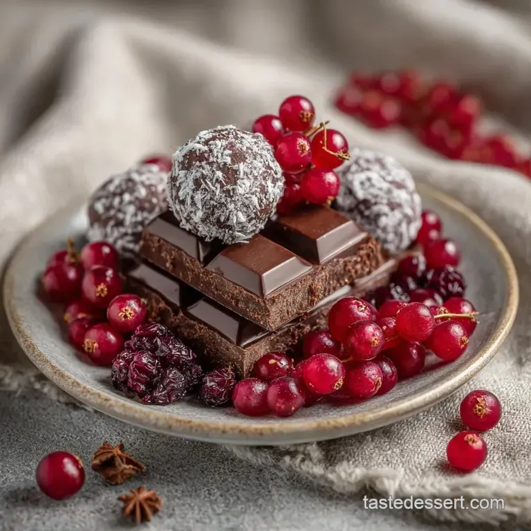 An elegant wooden platter filled with glossy chocolate truffles, fresh berries, and crisp nuts under warm lighting.