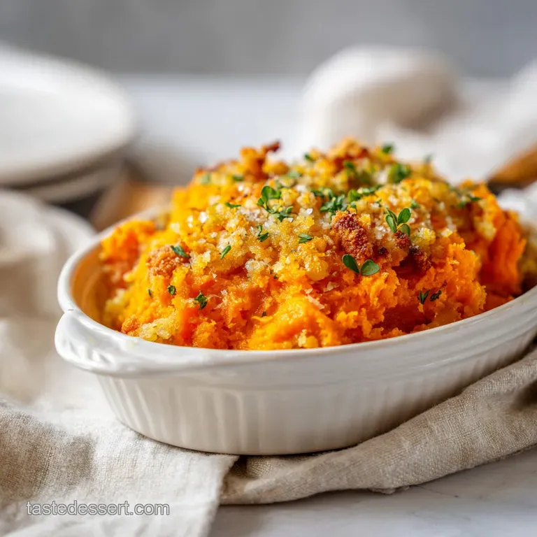 Individual serving of creamy sweet potato casserole with a generous topping of toasted pecans, plated with a sprig of fres...