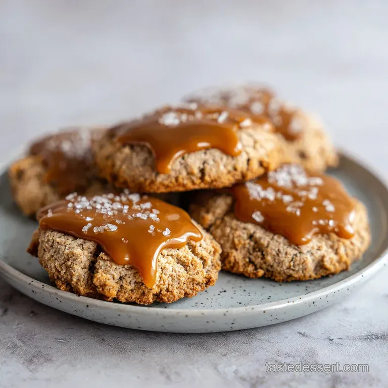 Thin, amber-colored butter cookies stacked on a white marble plate, garnished with a pinch of coarse sea salt.