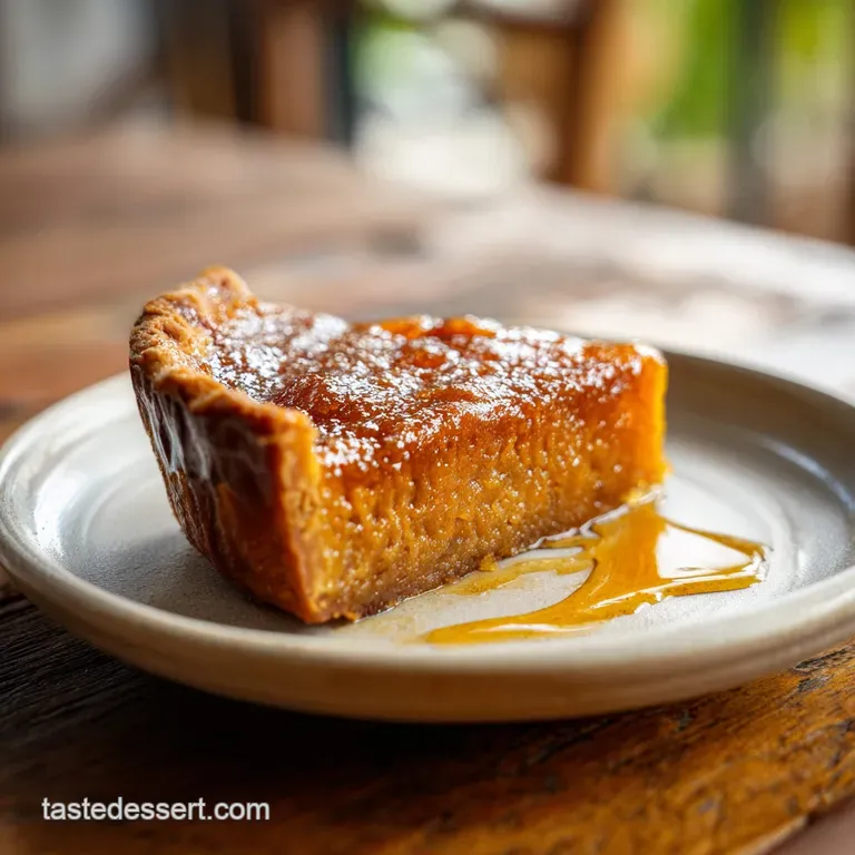 Slice of salted honey pie showcasing a smooth, silky custard filling and flaky crust, garnished with coarse sea salt and a...