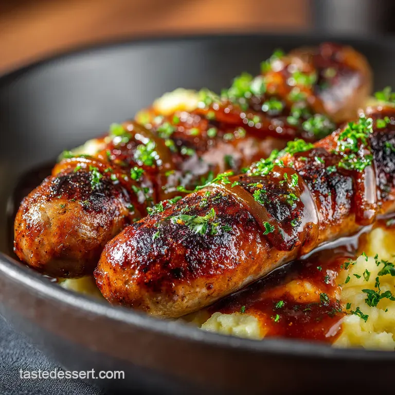 Sausage Apple Mash with Rich Onion Gravy presentation