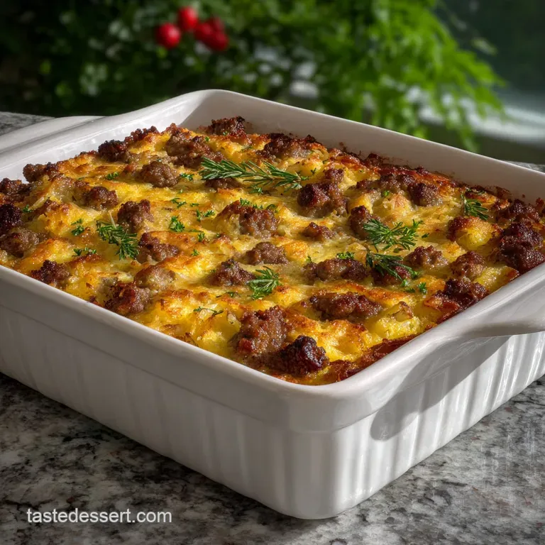 Creamy, custardy breakfast casserole slice, showcasing layers of eggs, cheese, and vegetables. Served on a white plate wit...