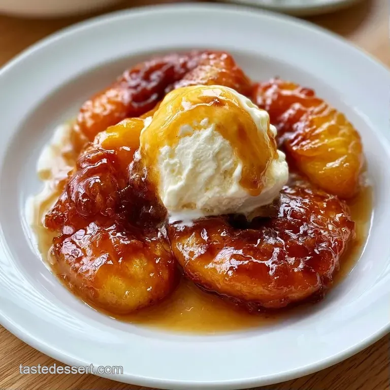 Warm, caramelized peach slices arranged in a circle with a drizzle of syrup and a sprig of fresh green mint.