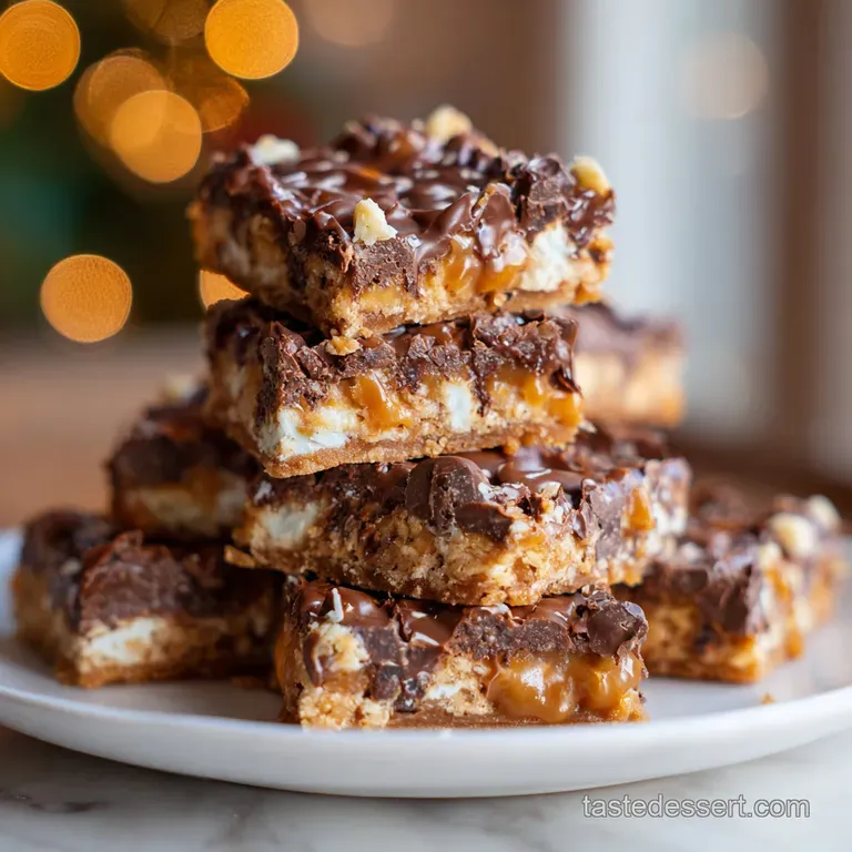 Slice of seven layer bar on a white plate, showcasing layers of chocolate, coconut, and nuts; inviting, decadent presentat...