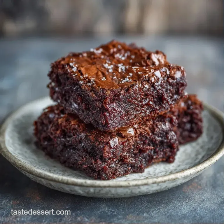 Two thick, dark chocolate squares stacked on a white plate, topped with a dollop of cream and a fresh berry.