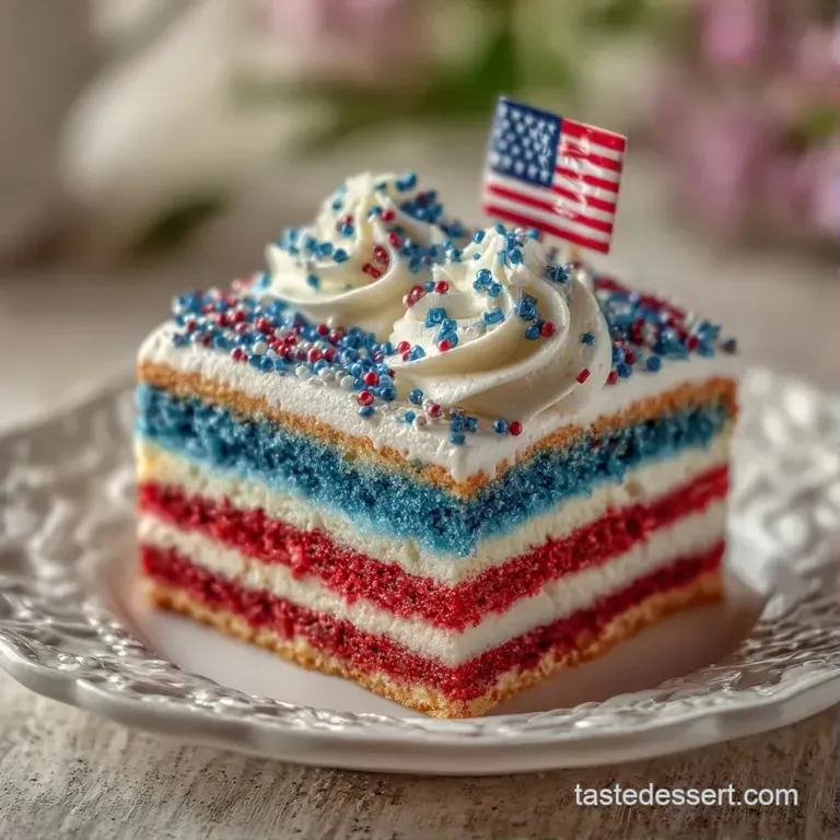A neat slice of red, white, and blue layered cake on a ceramic plate, showing a soft, moist crumb and smooth frosting.