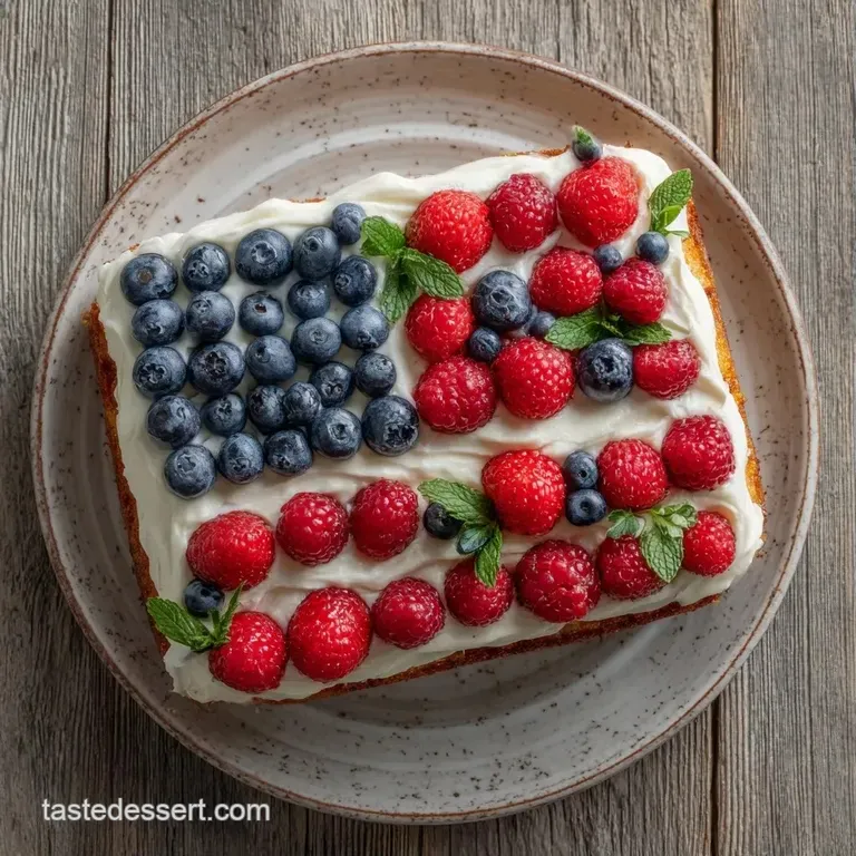 A neat square of layered red berries and cream on a white plate, garnished with a mint leaf and powdered sugar.