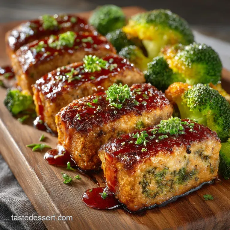 One Pan Glazed Turkey Meatloaf Minis with Crispy Garlic Broccoli presentation
