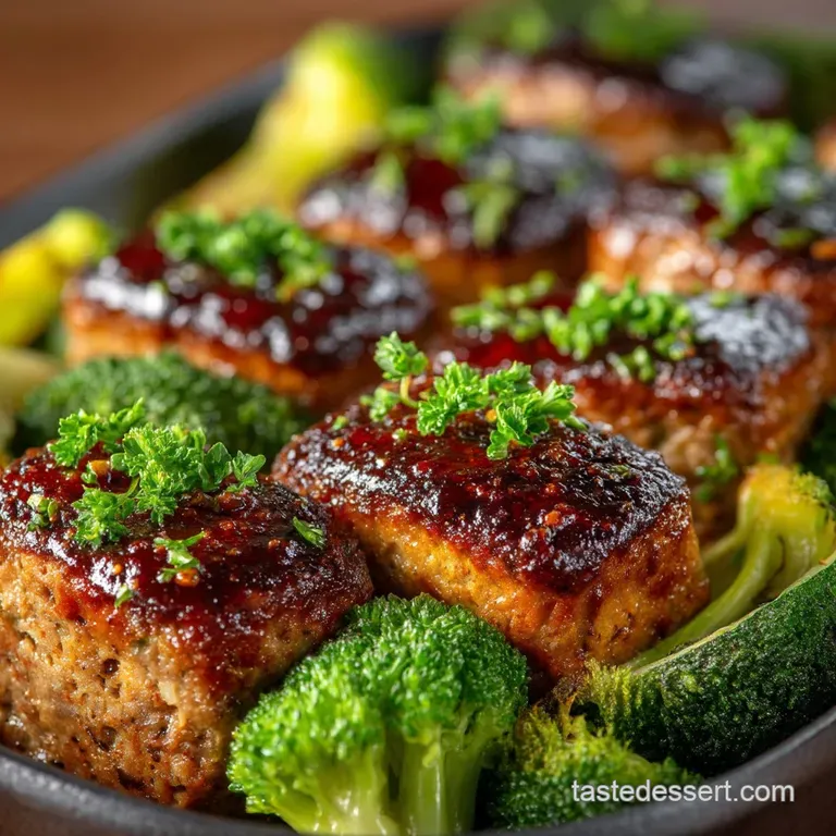 One Pan Glazed Turkey Meatloaf Minis with Crispy Garlic Broccoli