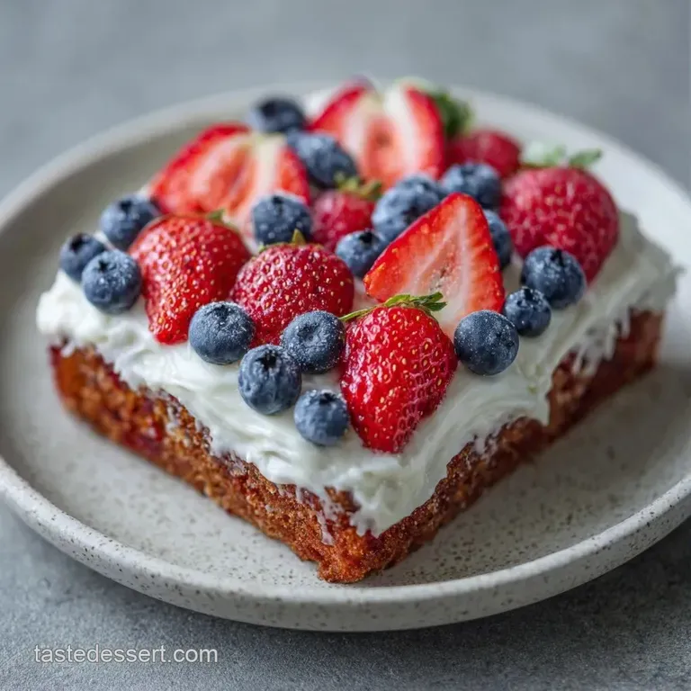 Tall layer cake on a white ceramic stand, decorated with red and blue cream swirls and fresh summer berries.