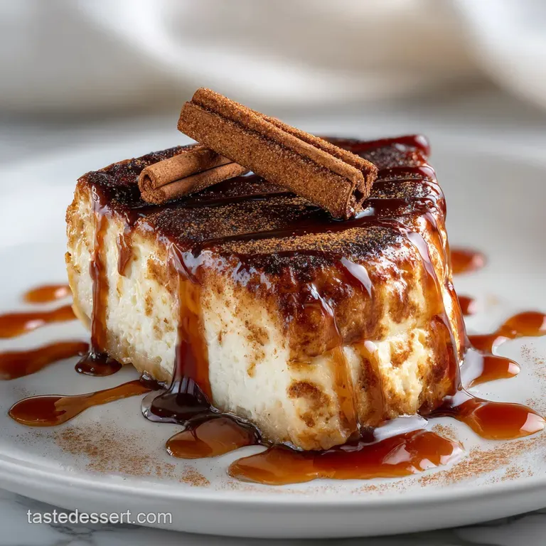 Individual churro cheesecake on a white plate, drizzled with chocolate sauce, garnished with a sprig of mint. Inviting and...
