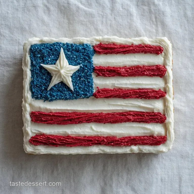 Rectangular cake with patriotic frosting stripes on a white platter, garnished with fresh berries and mint.