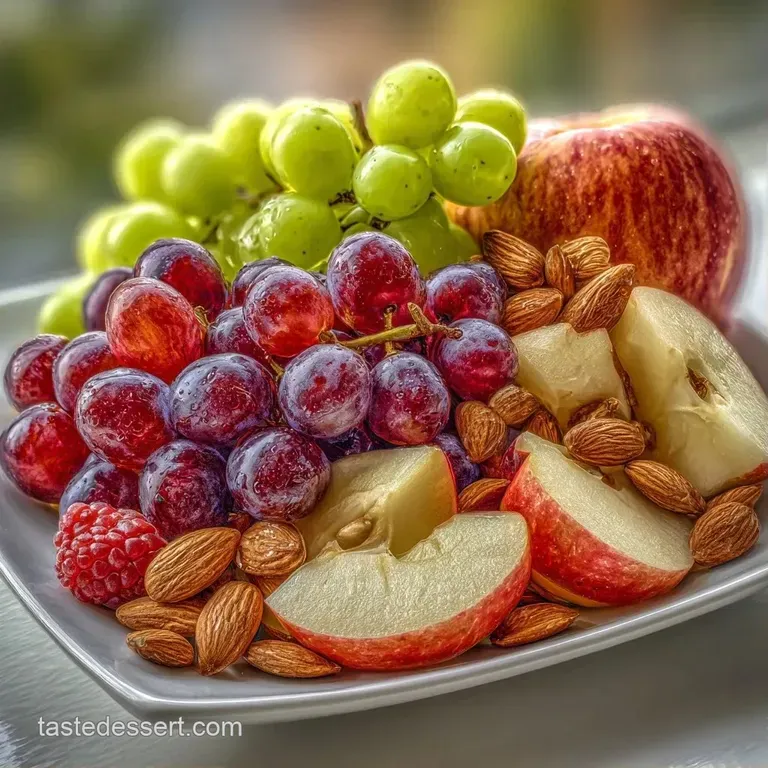 An abundant wooden platter arranged with colorful fruit, assorted cookies, and small bowls of sweet dipping sauces.