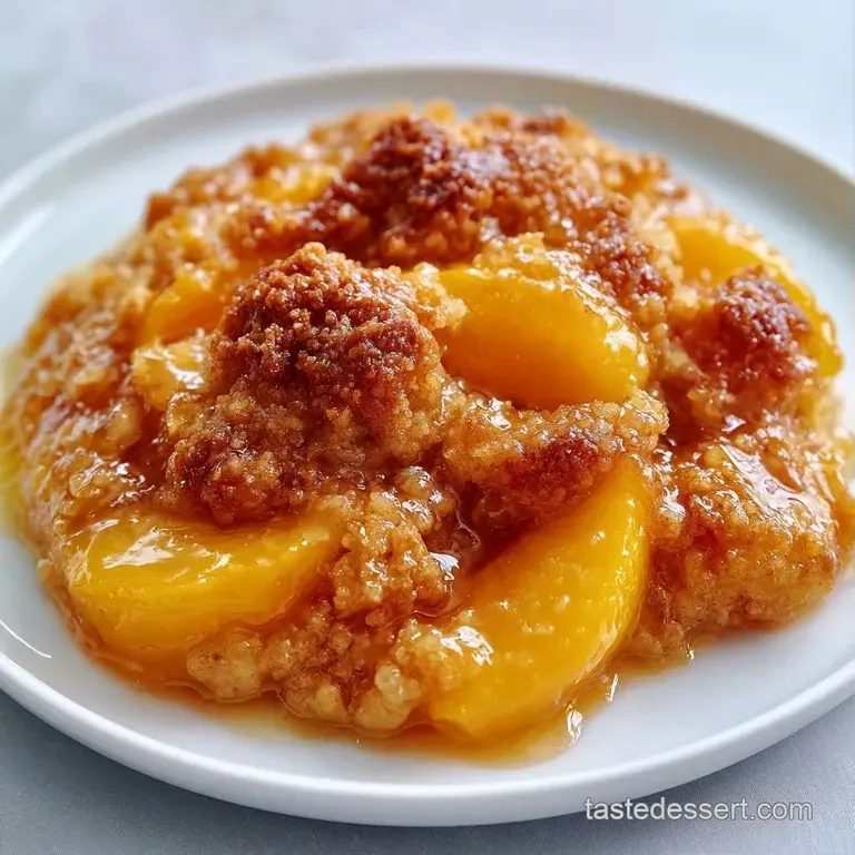 A scoop of vanilla bean ice cream melting over a warm slice of golden peach cake on a minimalist white ceramic plate.