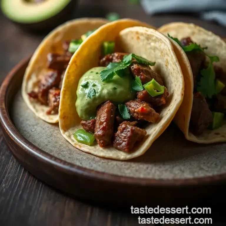 Sizzling Beef Flap Meat Tacos with Avocado-Cilantro Sauce presentation