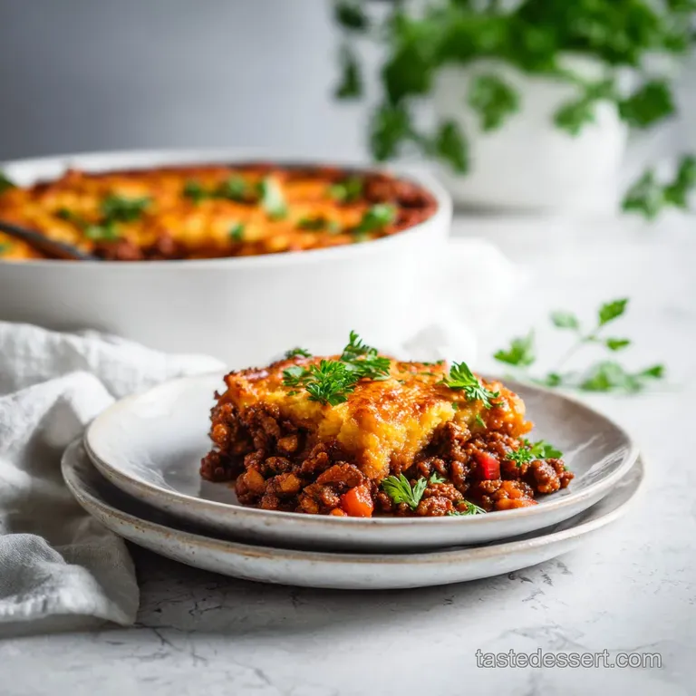 A generous scoop of the savory casserole, topped with melted cheese and fresh parsley, on a rustic plate.
