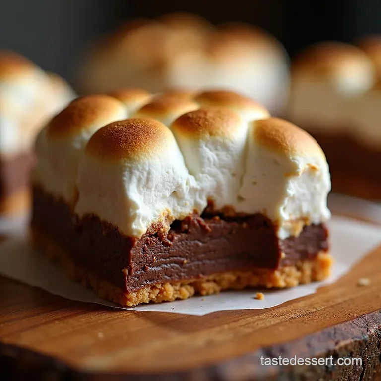 The Ultimate Indoor Smores Bars Graham Cracker Base Chocolate Swirl and Toasted Marshmallow Topping presentation