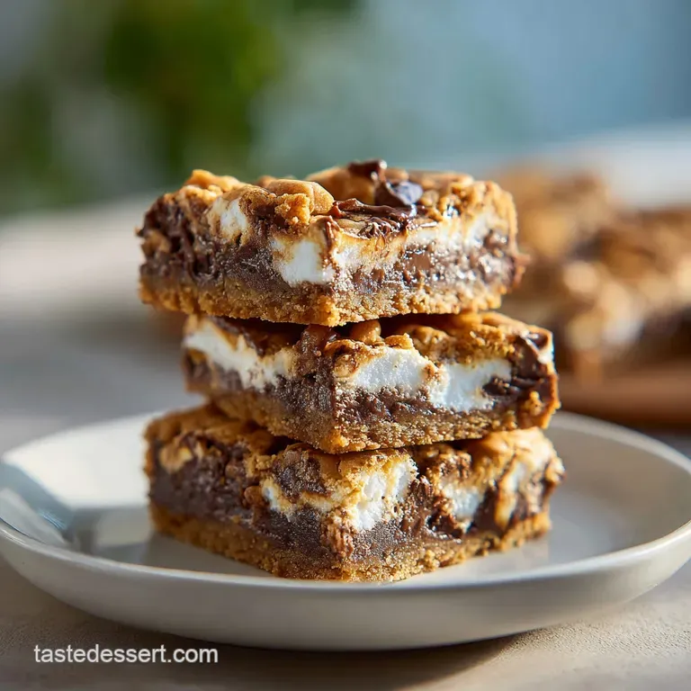 Warm smores cookie bar on a white plate, topped with a scoop of vanilla ice cream and drizzled with dark chocolate. A dele...