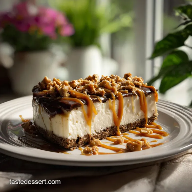 Slice of Snickers cheesecake on a plate with ribbons of chocolate, caramel, chopped nuts, and cookie pieces.