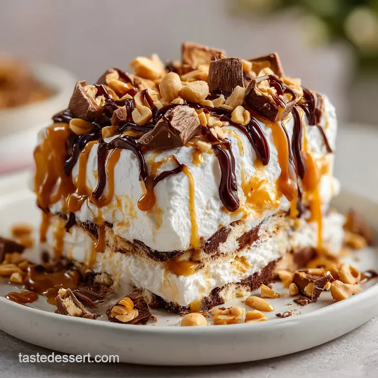 A neat slice of frozen layered cake with ripples of caramel, topped with crushed nuts on a minimalist plate.