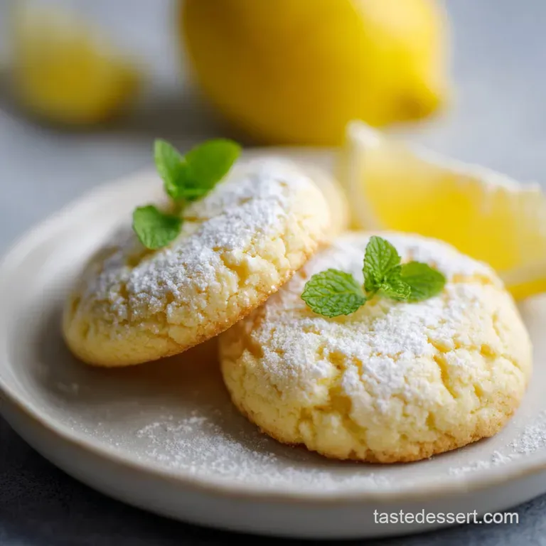 A stack of lemon cookies with powdered sugar sit on a white plate, hinting at a soft, chewy texture and bright citrus flavor.