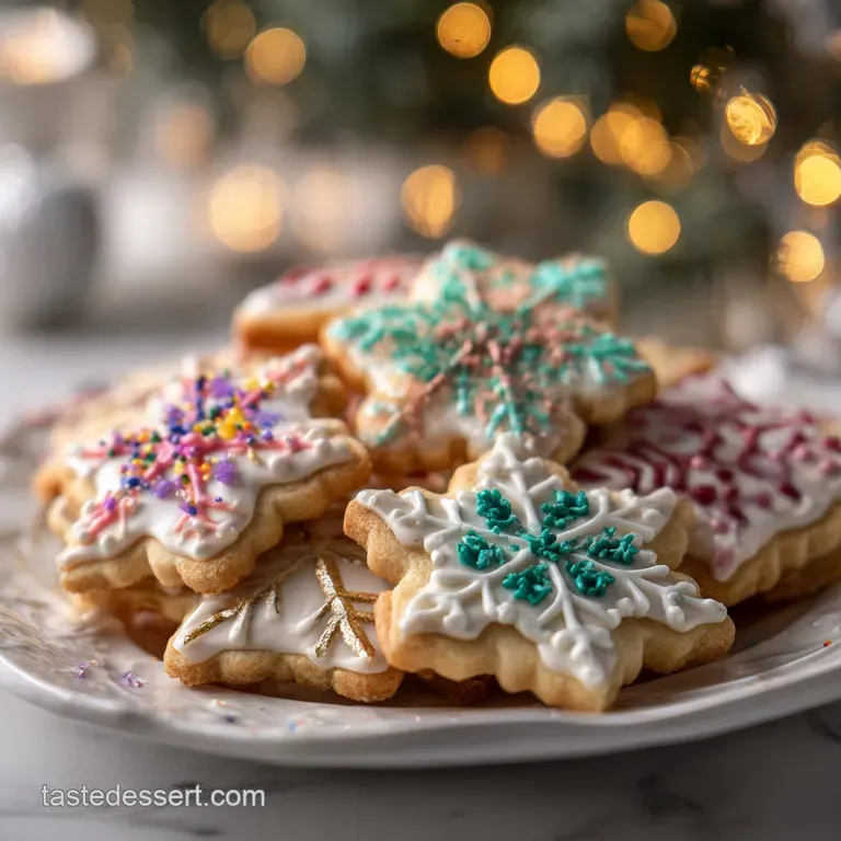 Stack of three soft, golden Christmas cookies, sprinkled with colorful sugar, sits on a delicate white plate ready to be e...