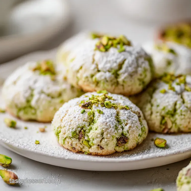 Stacked pistachio pudding cookies with powdered sugar. Soft texture and sweet, nutty flavors are balanced in this elegant ...