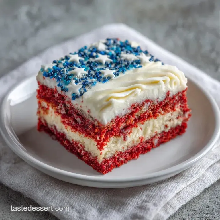 A large sheet cake decorated with patriotic red and blue swirls on a white platter with polished silver servers