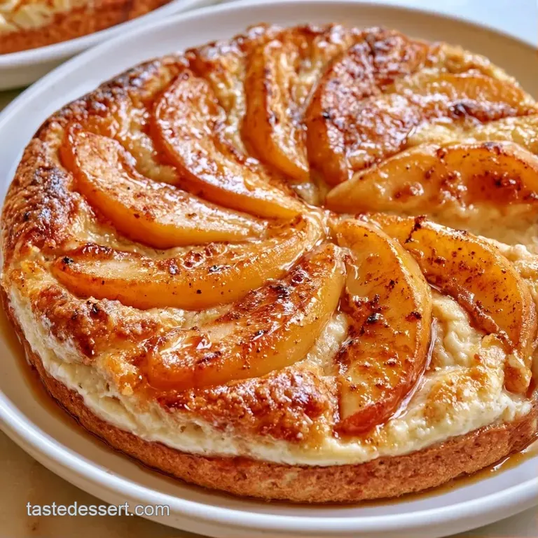 A slice of warm pear pie on a white plate, topped with a fluffy cream dollop and a sprinkle of cinnamon.