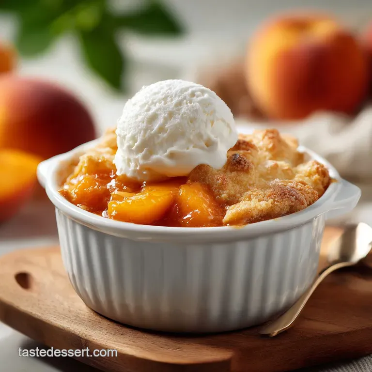 Warm peach cobbler in a white bowl, topped with vanilla ice cream melting into the golden crust, garnished with mint.
