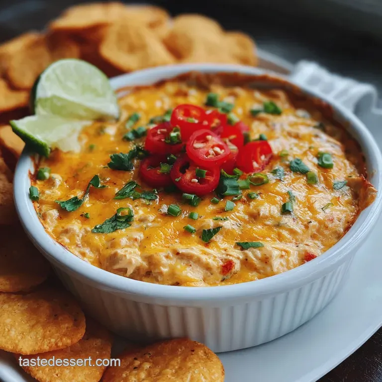 Scoops of rich, pale dip with flecks of red pepper on a plate, surrounded by crispy tortilla chips for serving.