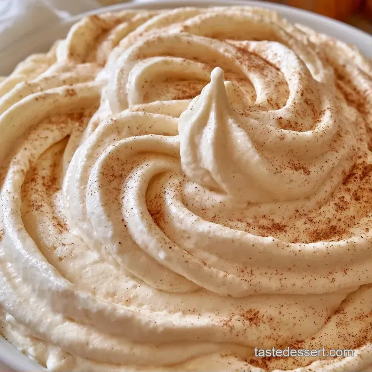 Elegant slice of warm brown cake topped with piped white cream swirls and a dusting of cinnamon on a linen napkin.