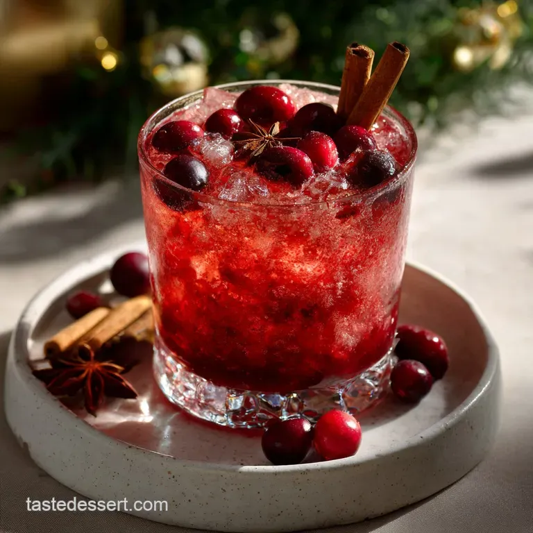 Elegant stemmed glass filled with a crimson holiday cocktail, cranberries and a sugared rosemary sprig, on a dark wooden s...