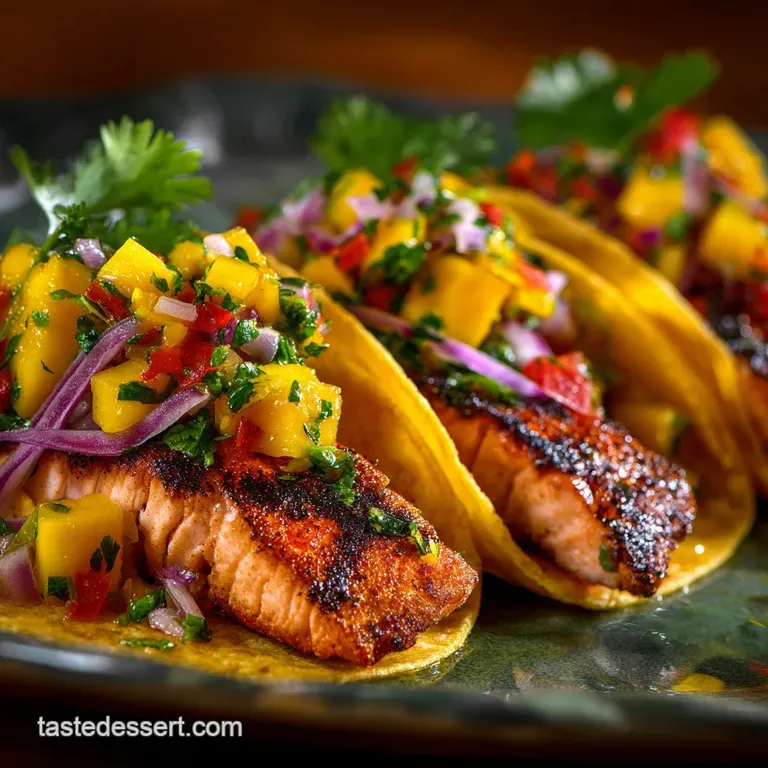 Salmon Tacos with Crispy Pan-Seared Salmon and Fresh Mango Salsa presentation