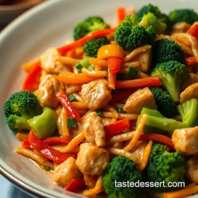 Spicy Hunan Chicken Stir-Fry with Peppers and Onions presentation