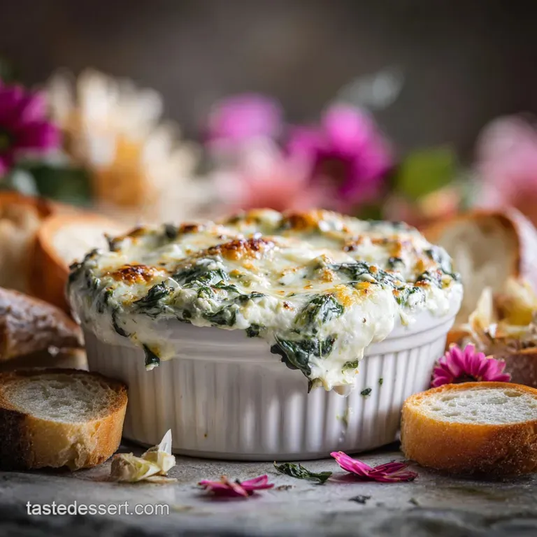 Elegant ramekin of spinach artichoke dip, garnished with parsley and paprika, paired with crusty bread on a linen napkin.